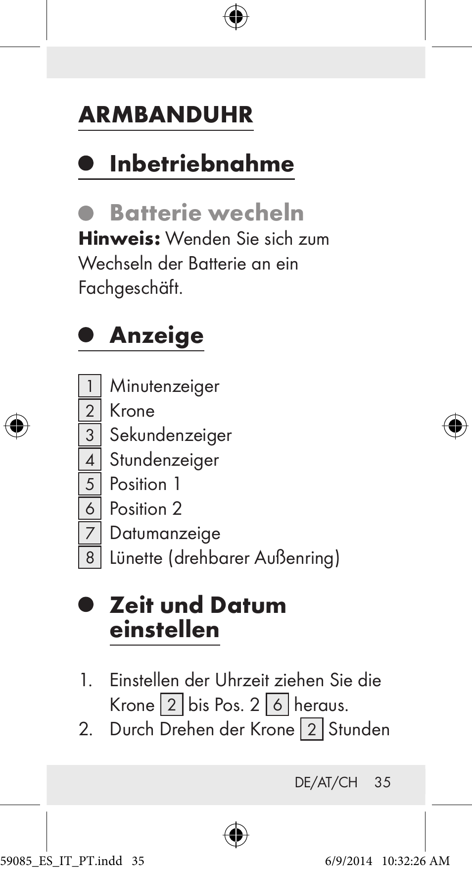 Armbanduhr, Inbetriebnahme, Batterie wecheln | Anzeige, Zeit und datum einstellen | Auriol Z32194 User Manual | Page 35 / 42