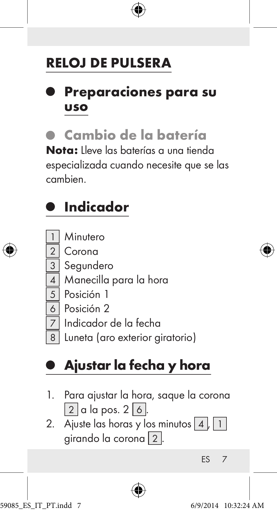 Reloj de pulsera, Preparaciones para su uso, Cambio de la batería | Indicador, Ajustar la fecha y hora | Auriol Z32194 User Manual | Page 7 / 42