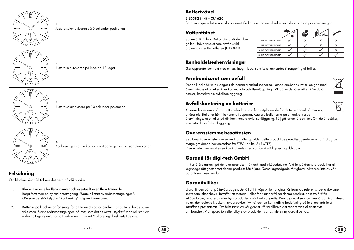 Felsökning, Batteriväxel, Vattentäthet | Renholdelseshenvisninger, Armbandsuret som avfall, Avfallshantering av batterier, Overensstemmelsesattesten, Garanti för digi-tech gmbh, Garantivillkor | Auriol 2-LD3824-4 User Manual | Page 12 / 30