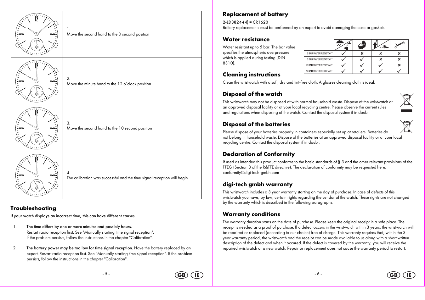 Troubleshooting, Replacement of battery, Water resistance | Cleaning instructions, Disposal of the watch, Disposal of the batteries, Declaration of conformity, Digi-tech gmbh warranty, Warranty conditions | Auriol 2-LD3824-4 User Manual | Page 4 / 30