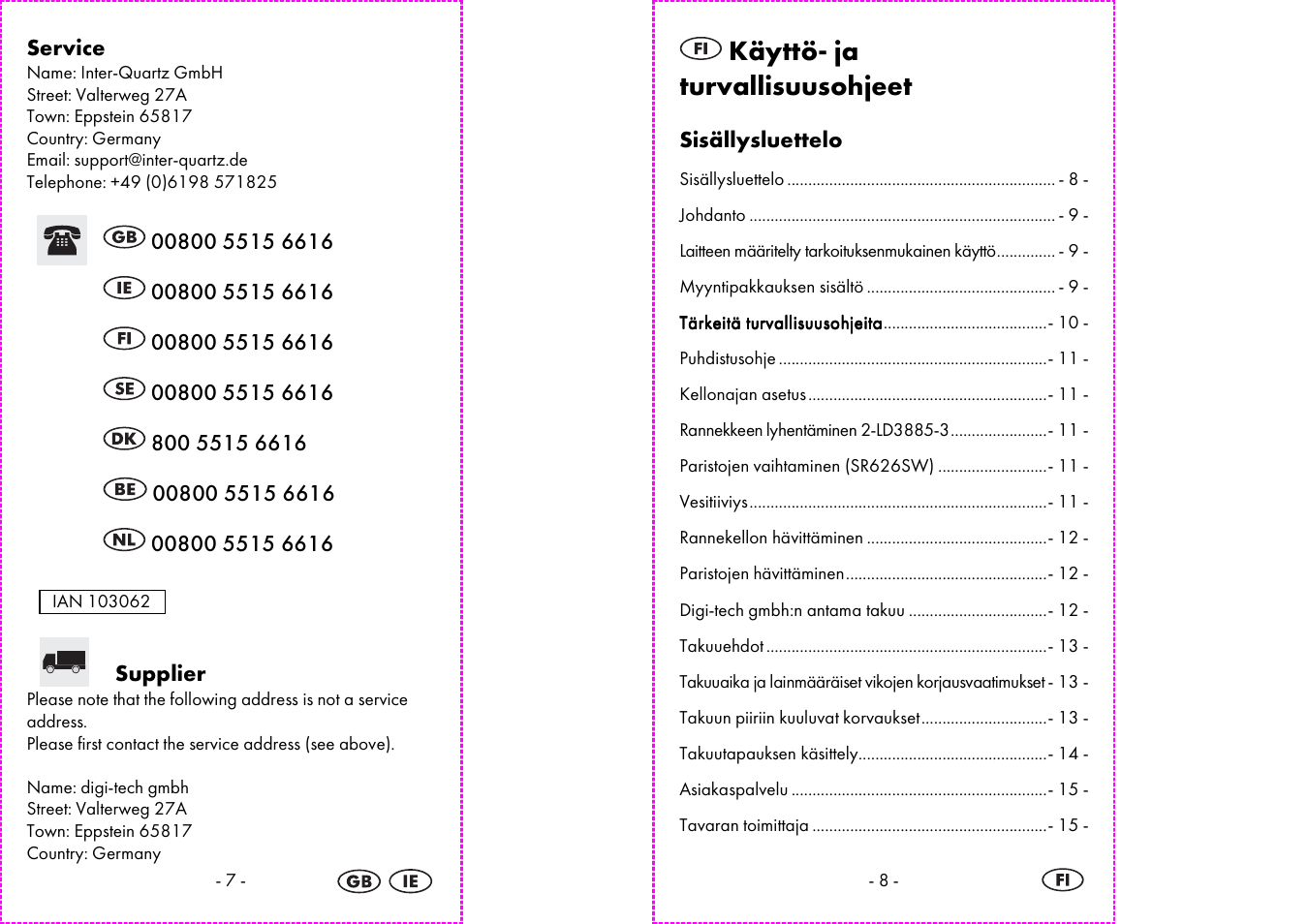 Käyttö- ja turvallisuusohjeet | Auriol 2-LD3885 User Manual | Page 5 / 30