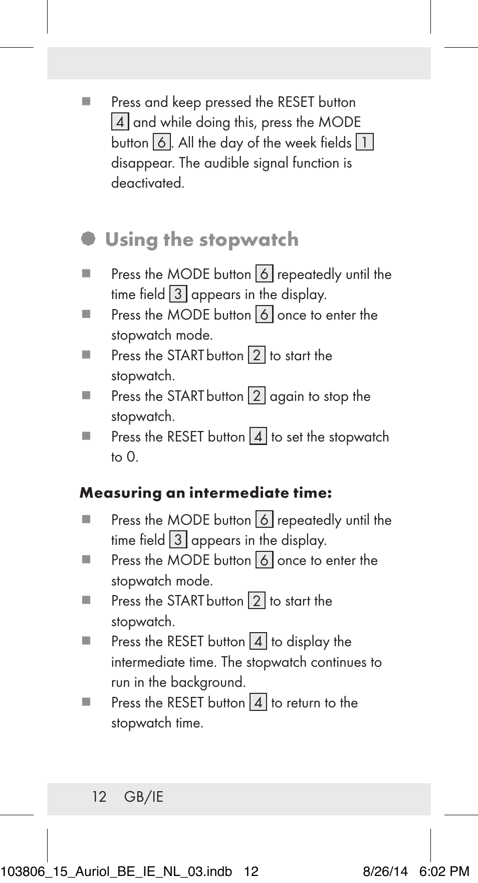 Using the stopwatch | Auriol 103806-14-xx User Manual | Page 13 / 79