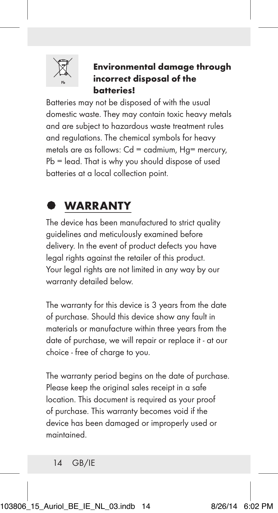 Warranty | Auriol 103806-14-xx User Manual | Page 15 / 79