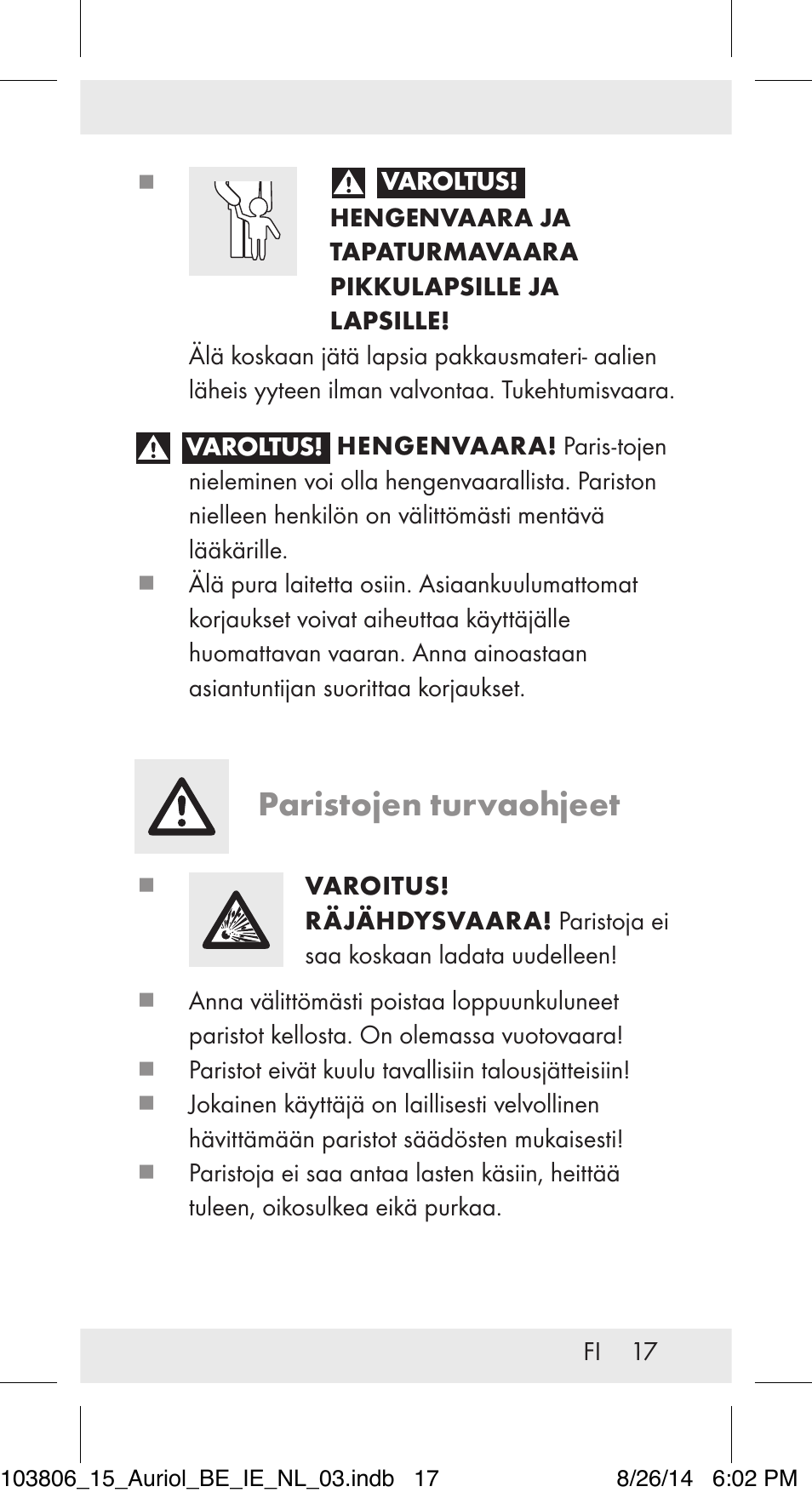 Paristojen turvaohjeet | Auriol 103806-14-xx User Manual | Page 18 / 79