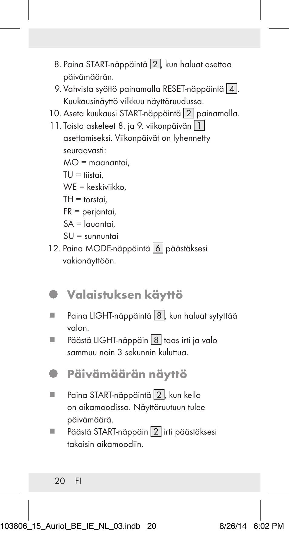 Valaistuksen käyttö, Päivämäärän näyttö | Auriol 103806-14-xx User Manual | Page 21 / 79