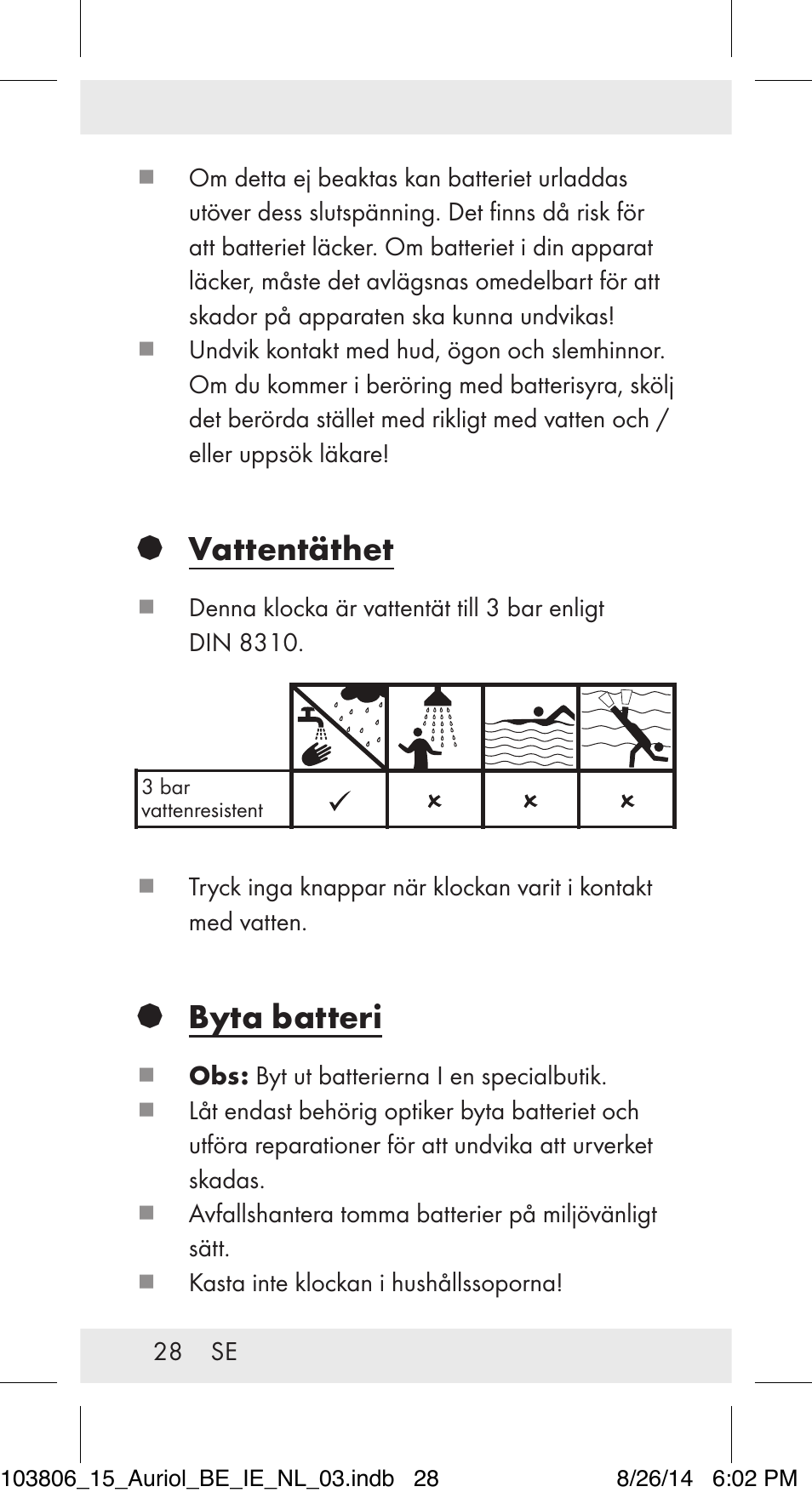 Vattentäthet, Byta batteri | Auriol 103806-14-xx User Manual | Page 29 / 79