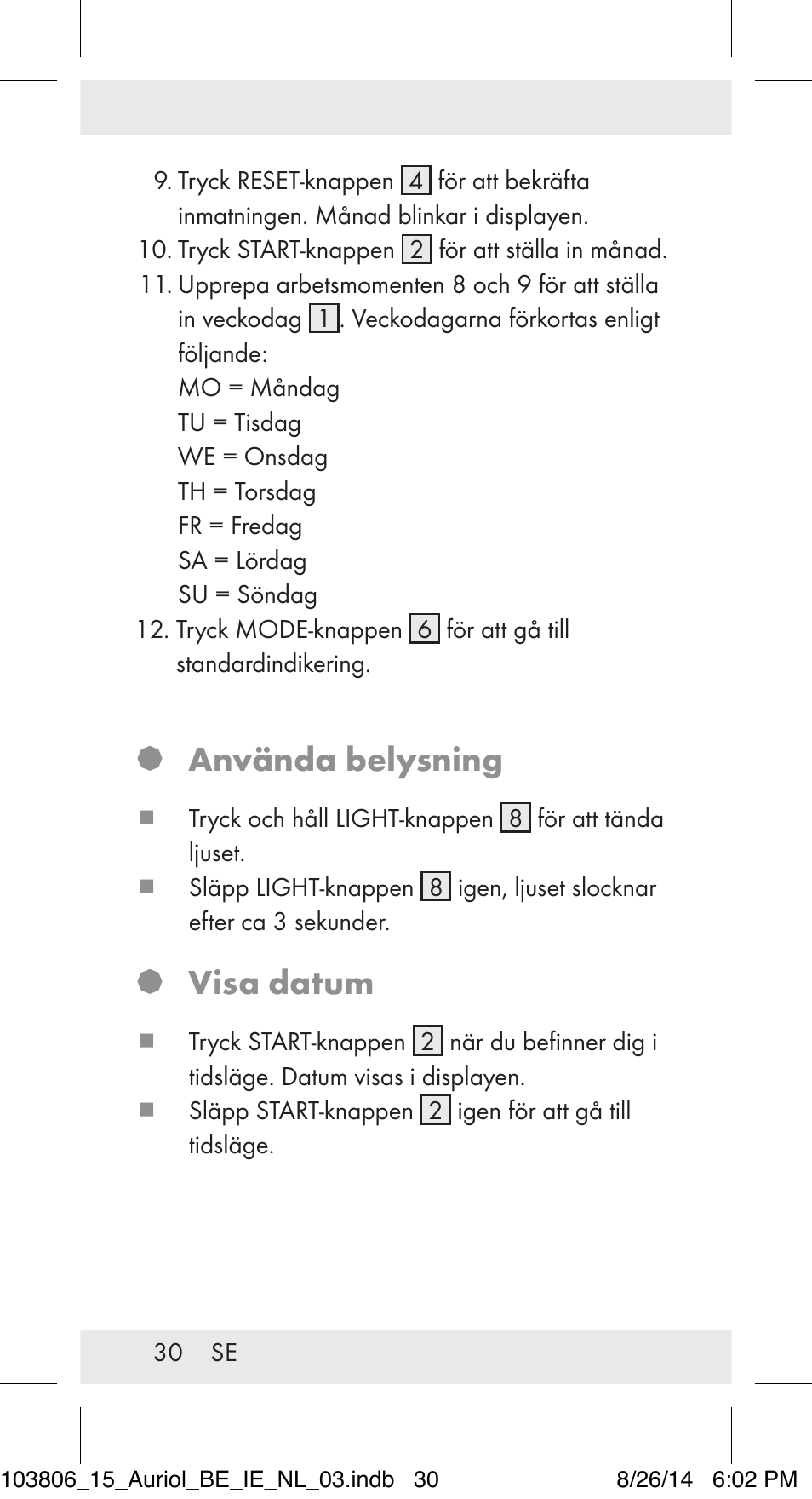 Använda belysning, Visa datum | Auriol 103806-14-xx User Manual | Page 31 / 79