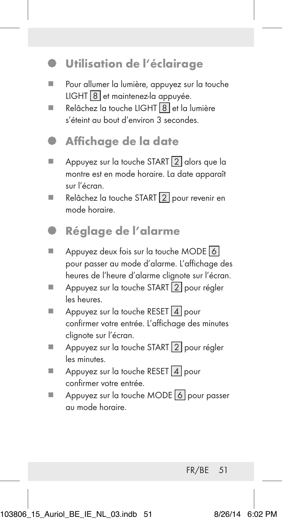 Utilisation de l’éclairage, Affichage de la date, Réglage de l’alarme | Auriol 103806-14-xx User Manual | Page 52 / 79