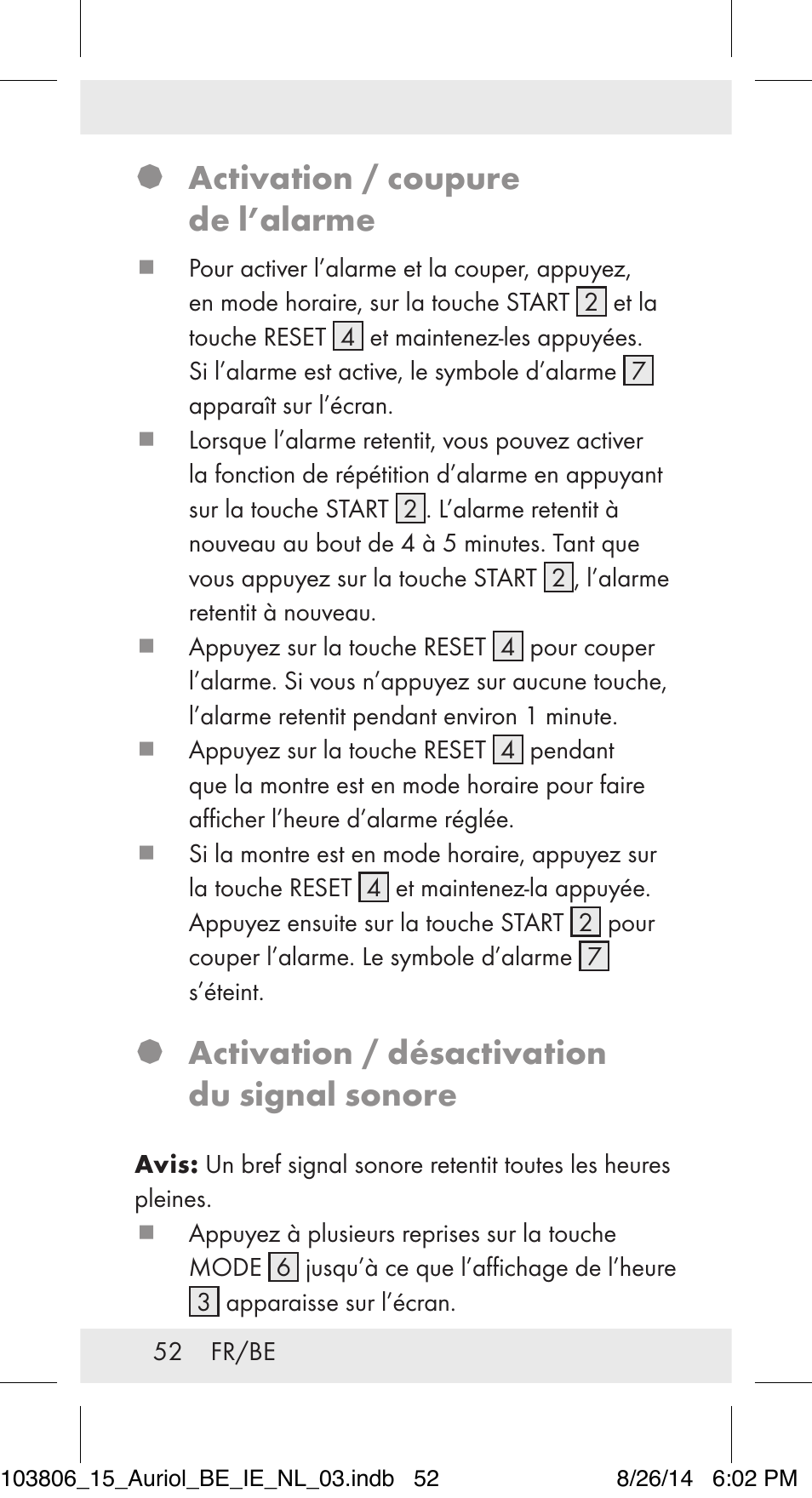 Activation / coupure de l’alarme, Activation / désactivation du signal sonore | Auriol 103806-14-xx User Manual | Page 53 / 79