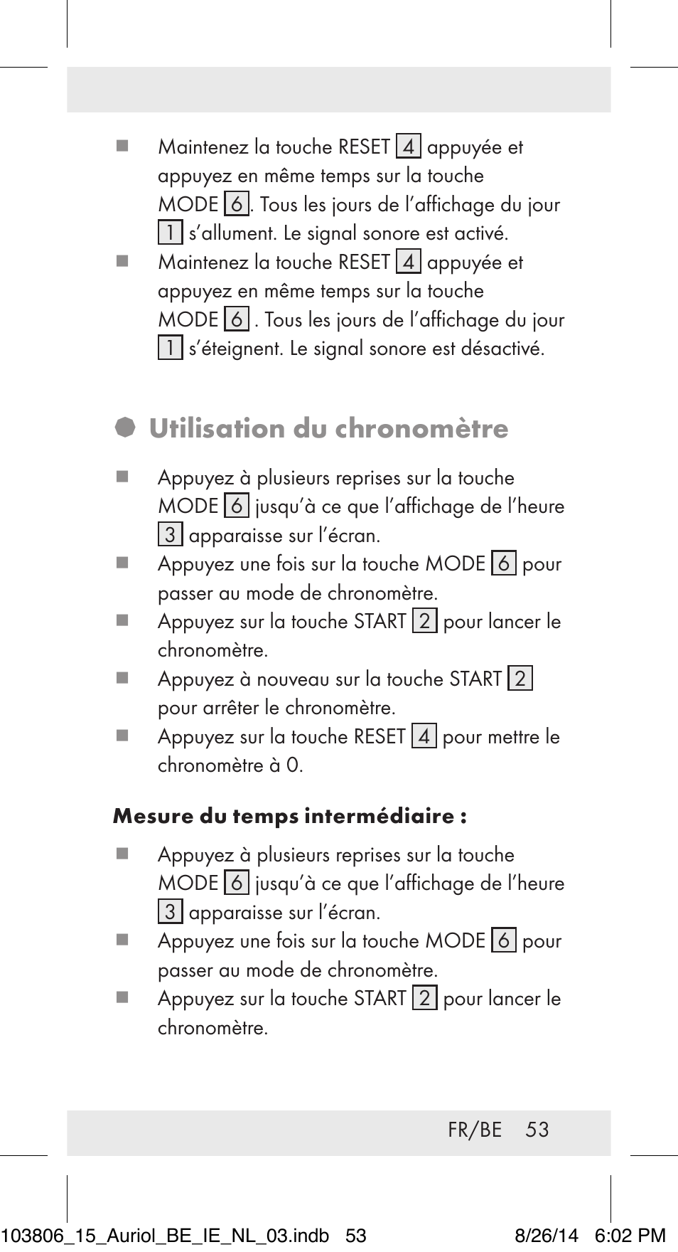 Utilisation du chronomètre | Auriol 103806-14-xx User Manual | Page 54 / 79