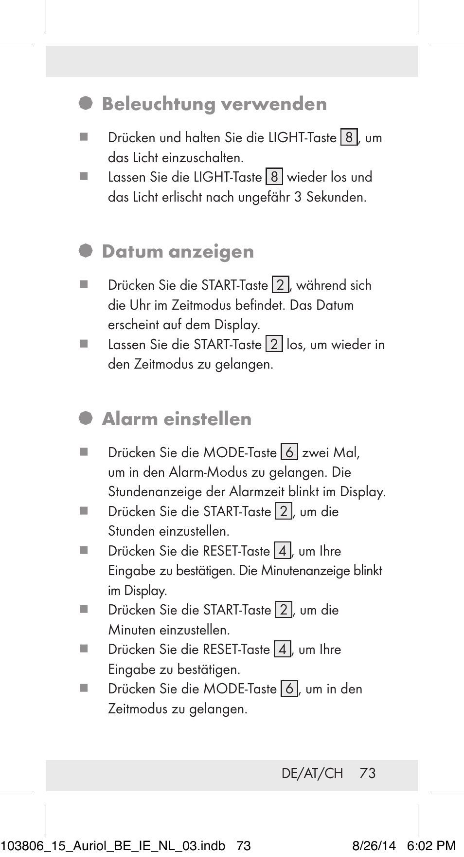 Beleuchtung verwenden, Datum anzeigen, Alarm einstellen | Auriol 103806-14-xx User Manual | Page 74 / 79