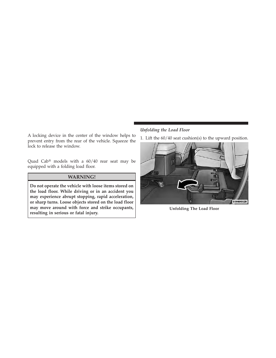 Manual sliding rear window — if equipped, Fold flat load floor — if equipped, Manual sliding rear window | If equipped | Dodge 2010 Ram Truck User Manual | Page 171 / 610