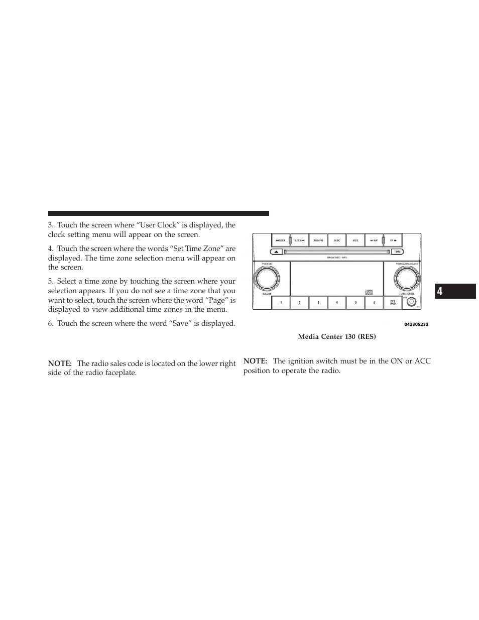 Operating instructions — radio mode, Media center 130 (res) — am/fm stereo, Radio with cd player (mp3 aux jack) | Dodge 2010 Ram Truck User Manual | Page 244 / 610