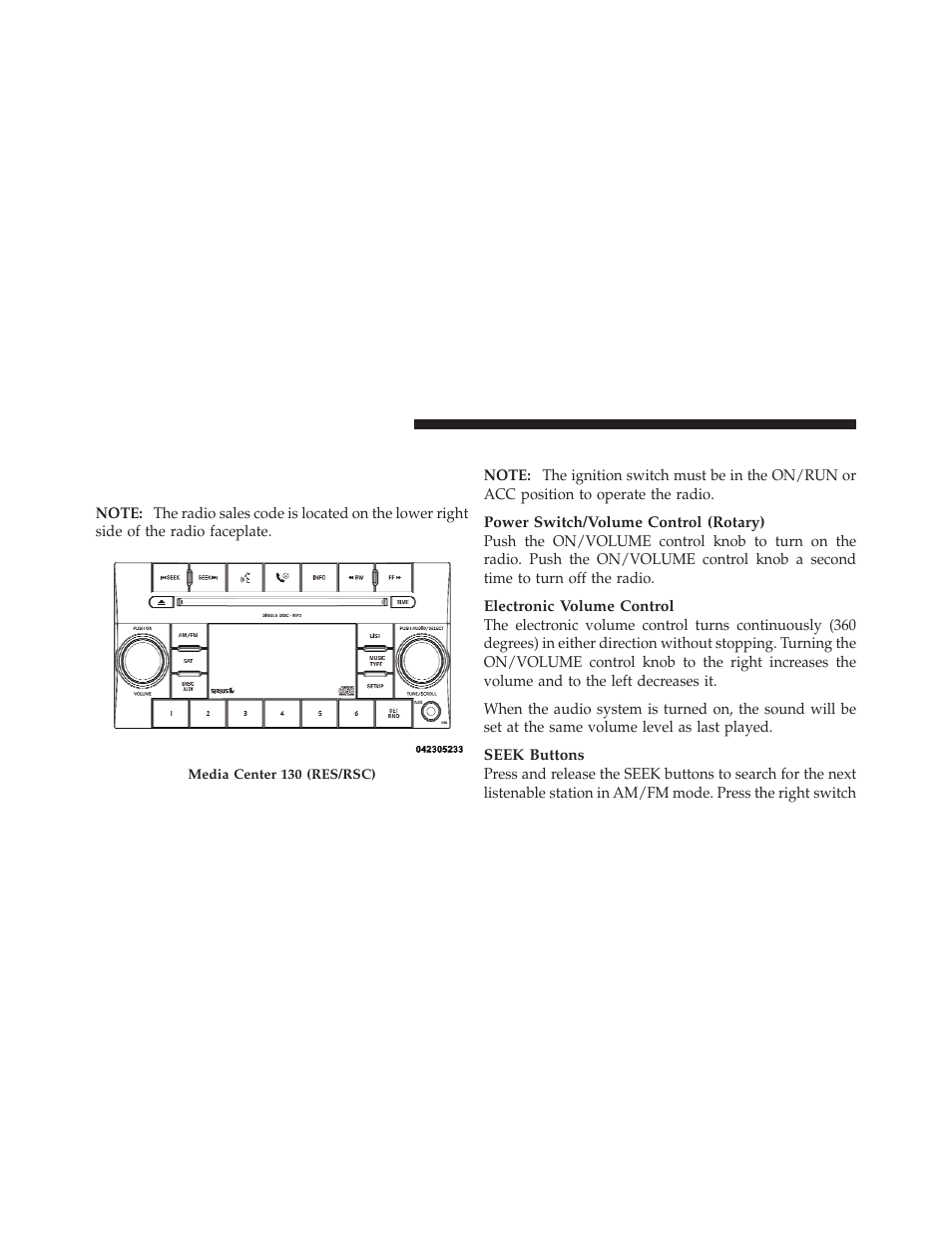 Operating instructions — radio mode, Media center 130 (res/rsc) — am/fm | Dodge 2010 Ram Truck User Manual | Page 253 / 610