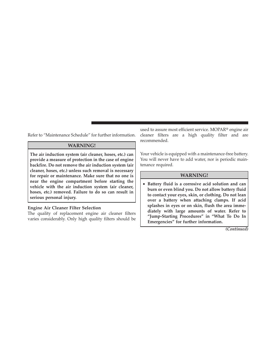 Engine air cleaner filter, Maintenance-free battery | Dodge 2010 Ram Truck User Manual | Page 515 / 610