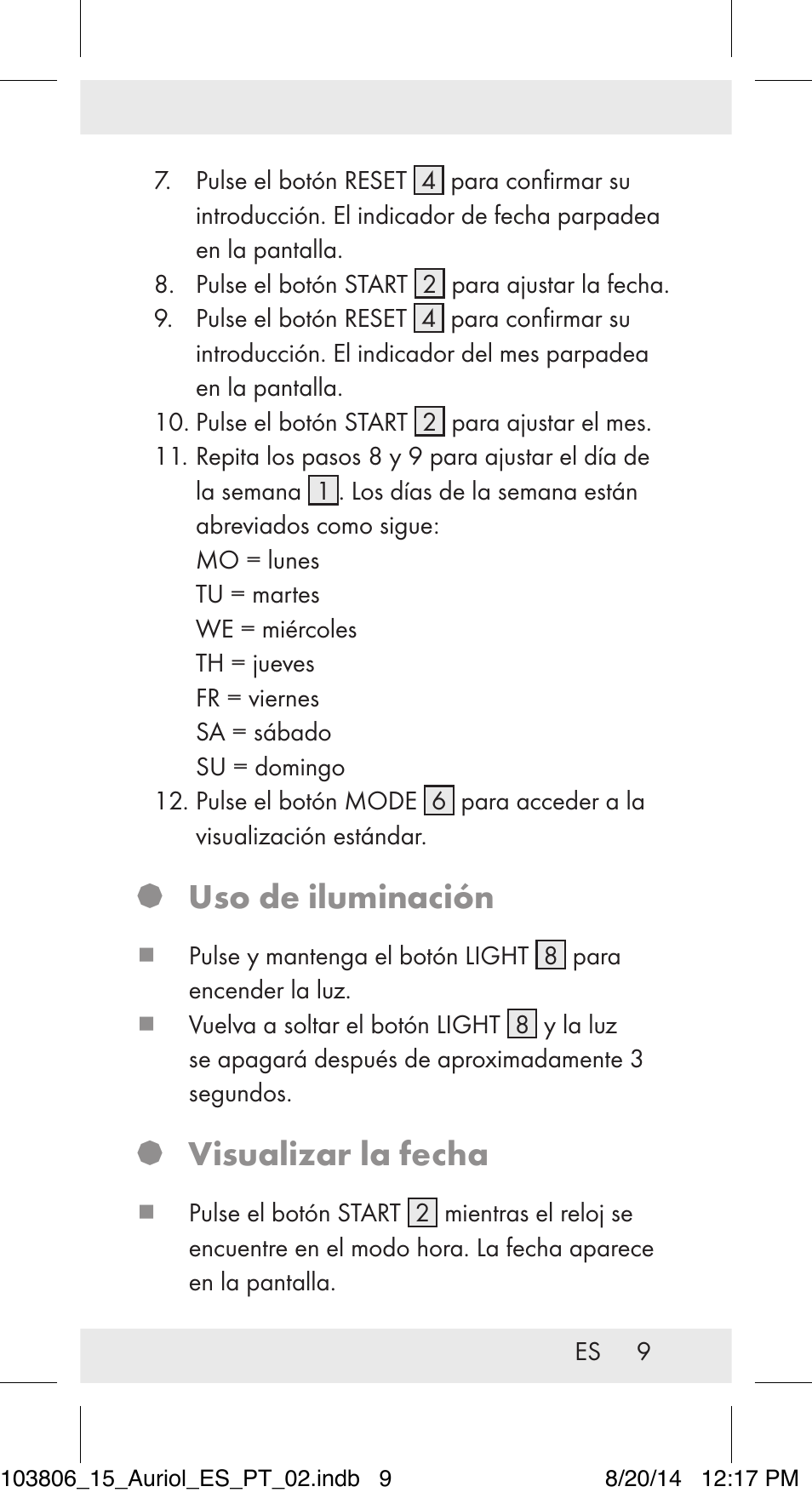 Uso de iluminación, Visualizar la fecha | Auriol 103806-14-xx User Manual | Page 10 / 60