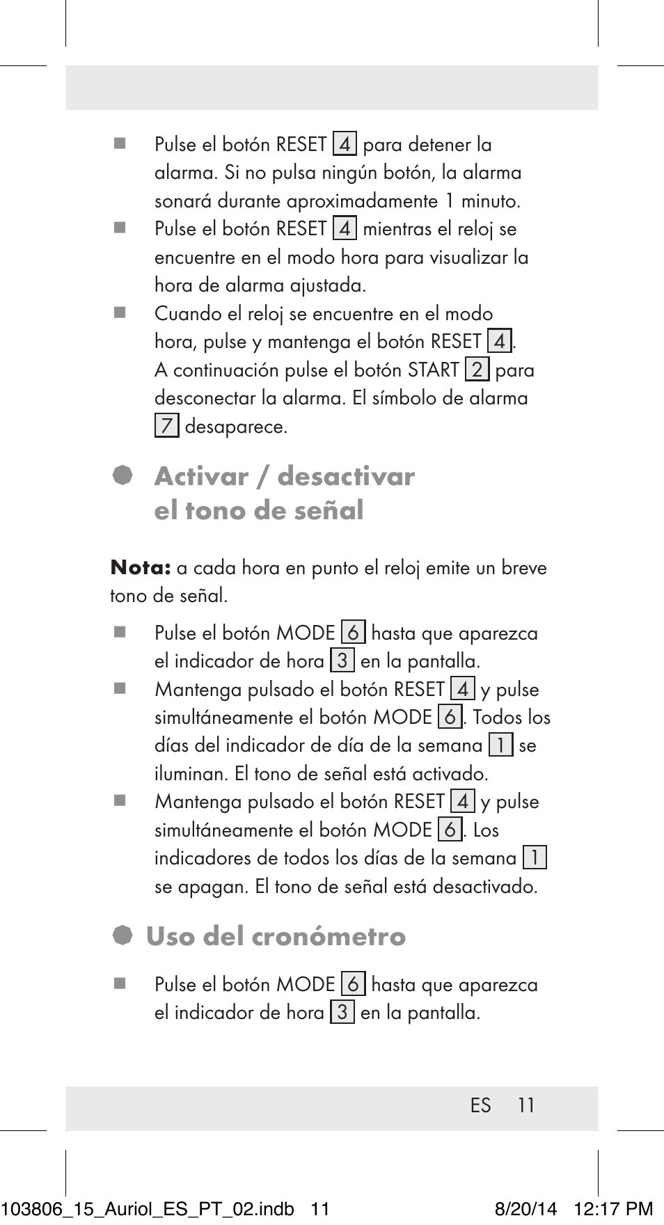 Activar / desactivar el tono de señal, Uso del cronómetro | Auriol 103806-14-xx User Manual | Page 12 / 60