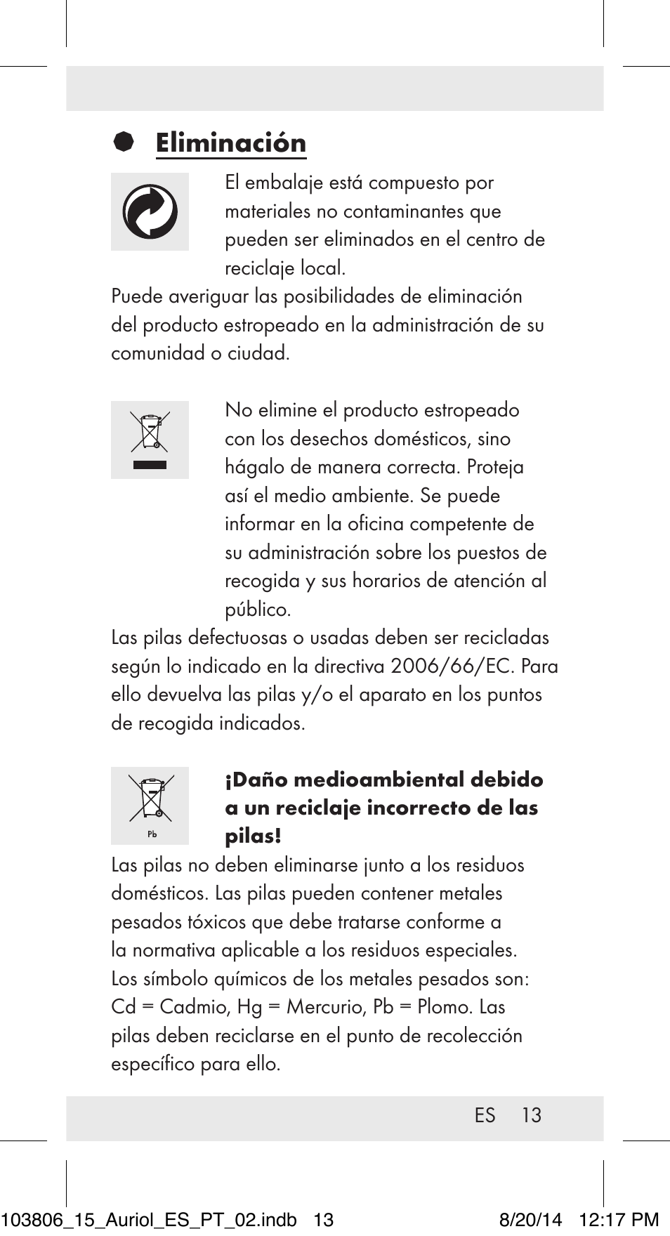 Eliminación | Auriol 103806-14-xx User Manual | Page 14 / 60