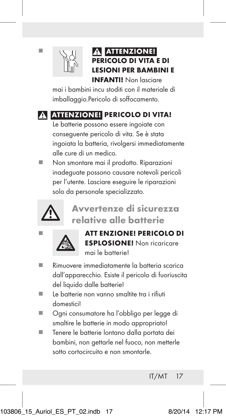 Avvertenze di sicurezza relative alle batterie | Auriol 103806-14-xx User Manual | Page 18 / 60