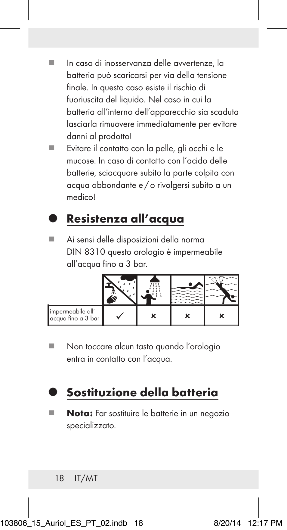 Resistenza all’acqua, Sostituzione della batteria | Auriol 103806-14-xx User Manual | Page 19 / 60