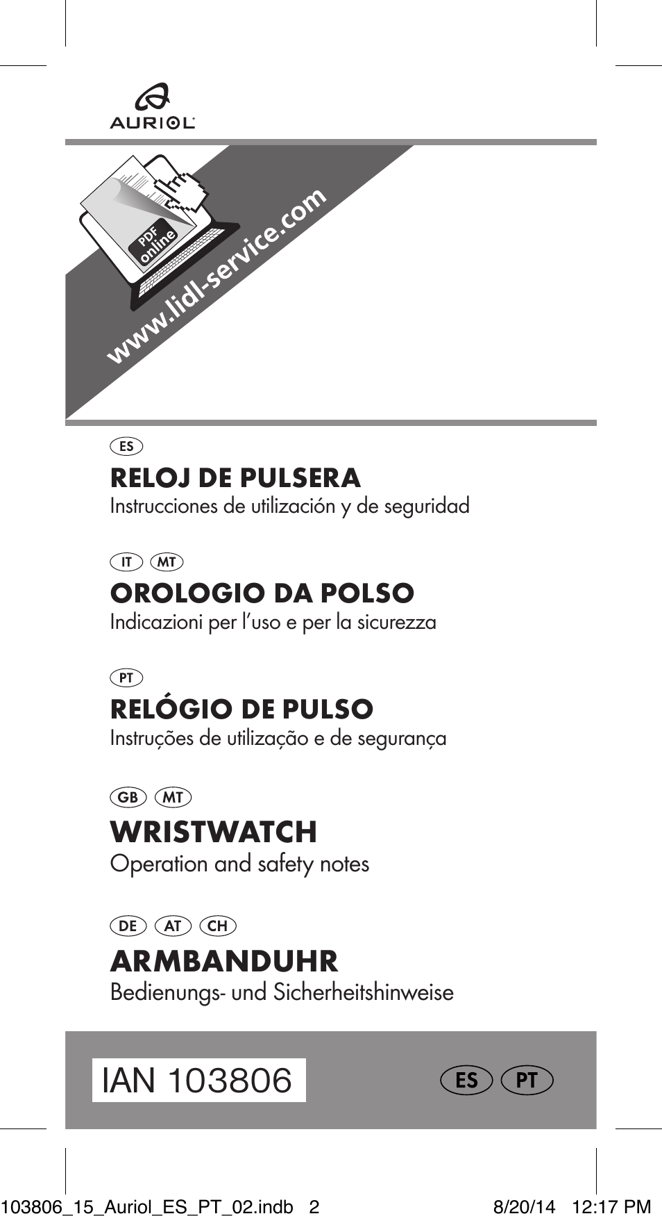 Wristwatch, Armbanduhr | Auriol 103806-14-xx User Manual | Page 2 / 60