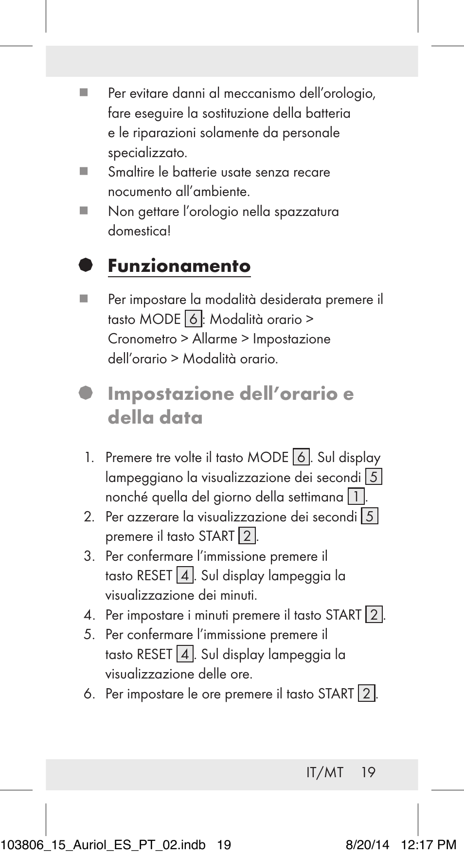 Funzionamento, Impostazione dell’orario e della data | Auriol 103806-14-xx User Manual | Page 20 / 60