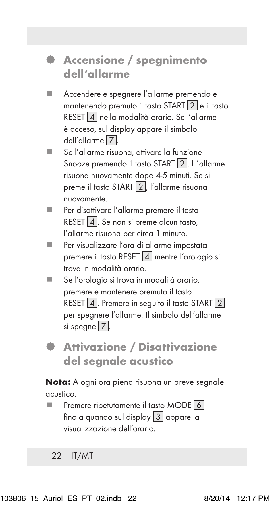 Accensione / spegnimento dell‘allarme, Attivazione / disattivazione del segnale acustico | Auriol 103806-14-xx User Manual | Page 23 / 60