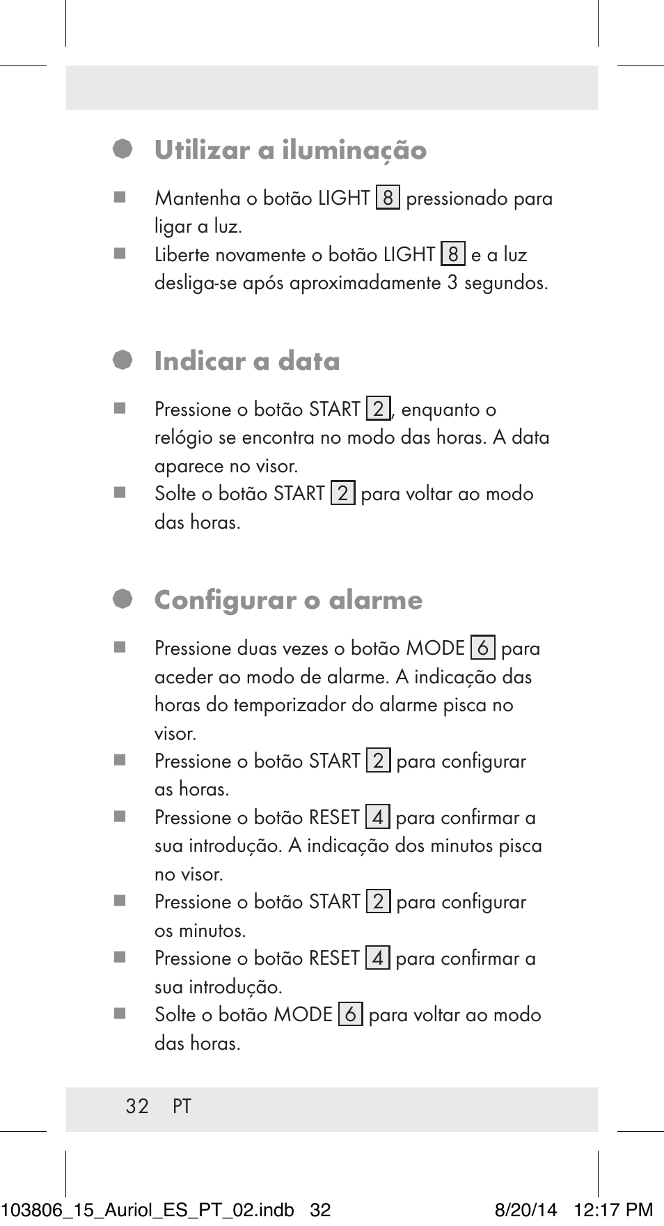 Utilizar a iluminação, Indicar a data, Configurar o alarme | Auriol 103806-14-xx User Manual | Page 33 / 60