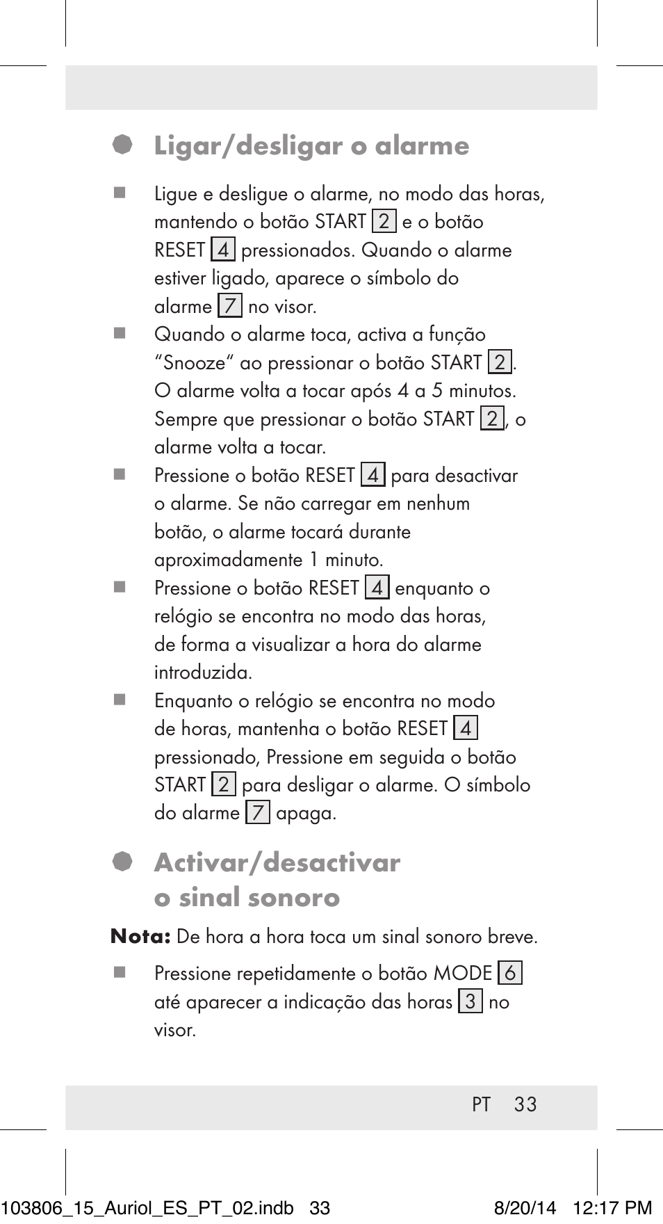 Ligar/desligar o alarme, Activar/desactivar o sinal sonoro | Auriol 103806-14-xx User Manual | Page 34 / 60