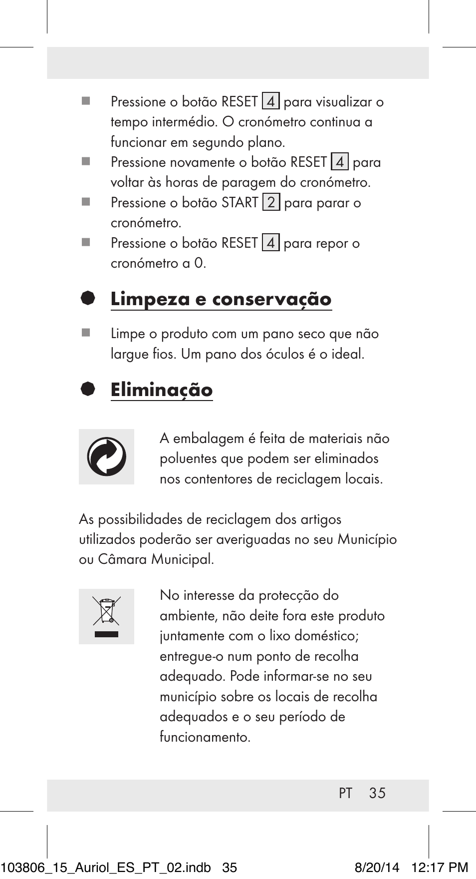 Limpeza e conservação, Eliminação | Auriol 103806-14-xx User Manual | Page 36 / 60