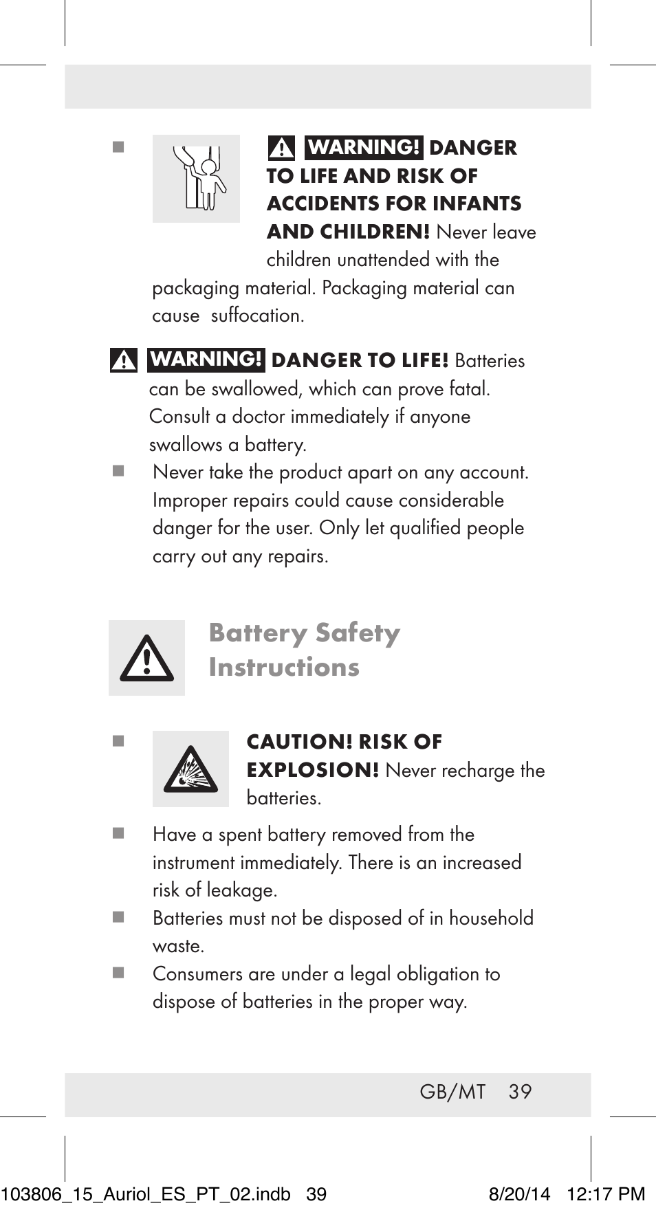 Battery safety instructions | Auriol 103806-14-xx User Manual | Page 40 / 60