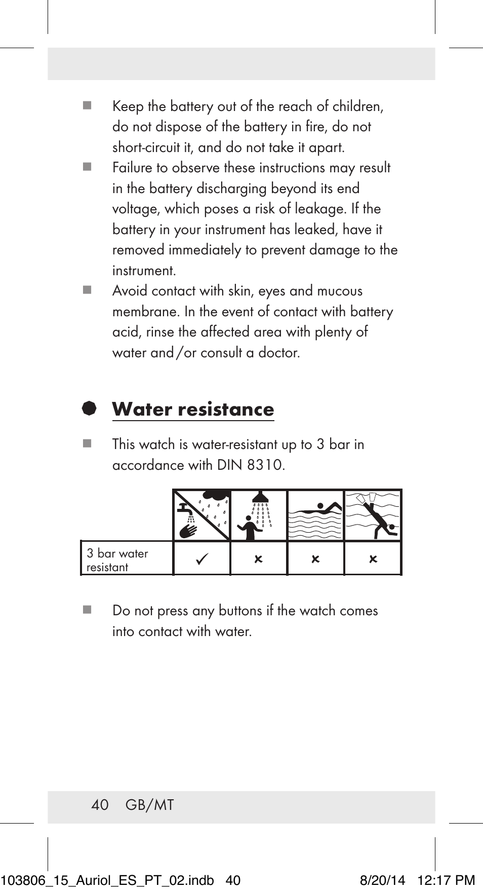 Water resistance | Auriol 103806-14-xx User Manual | Page 41 / 60