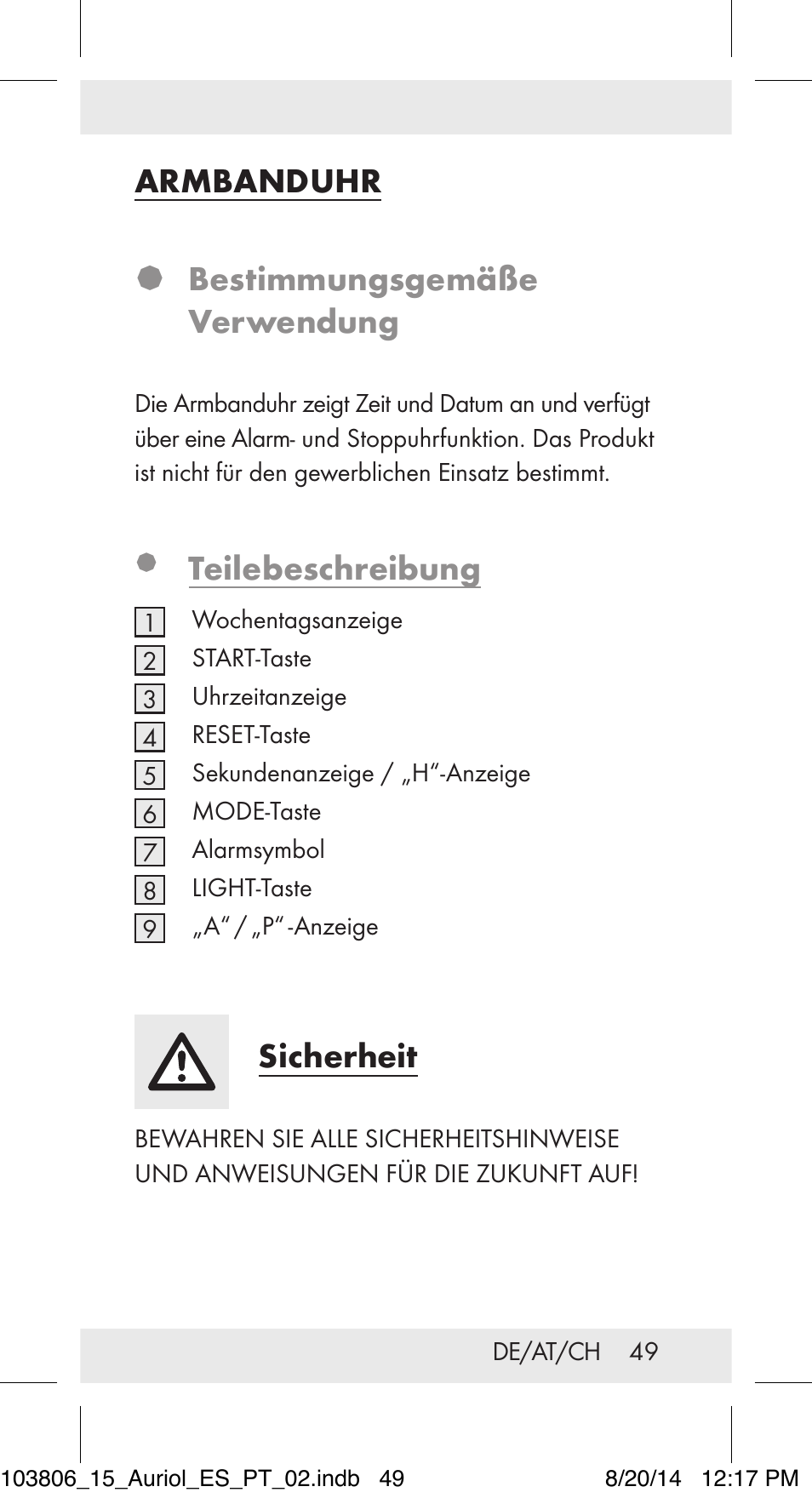 Armbanduhr � bestimmungsgemäße verwendung, Teilebeschreibung, Sicherheit | Auriol 103806-14-xx User Manual | Page 50 / 60