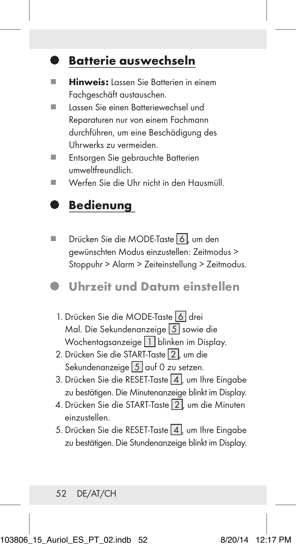 Batterie auswechseln, Bedienung, Uhrzeit und datum einstellen | Auriol 103806-14-xx User Manual | Page 53 / 60