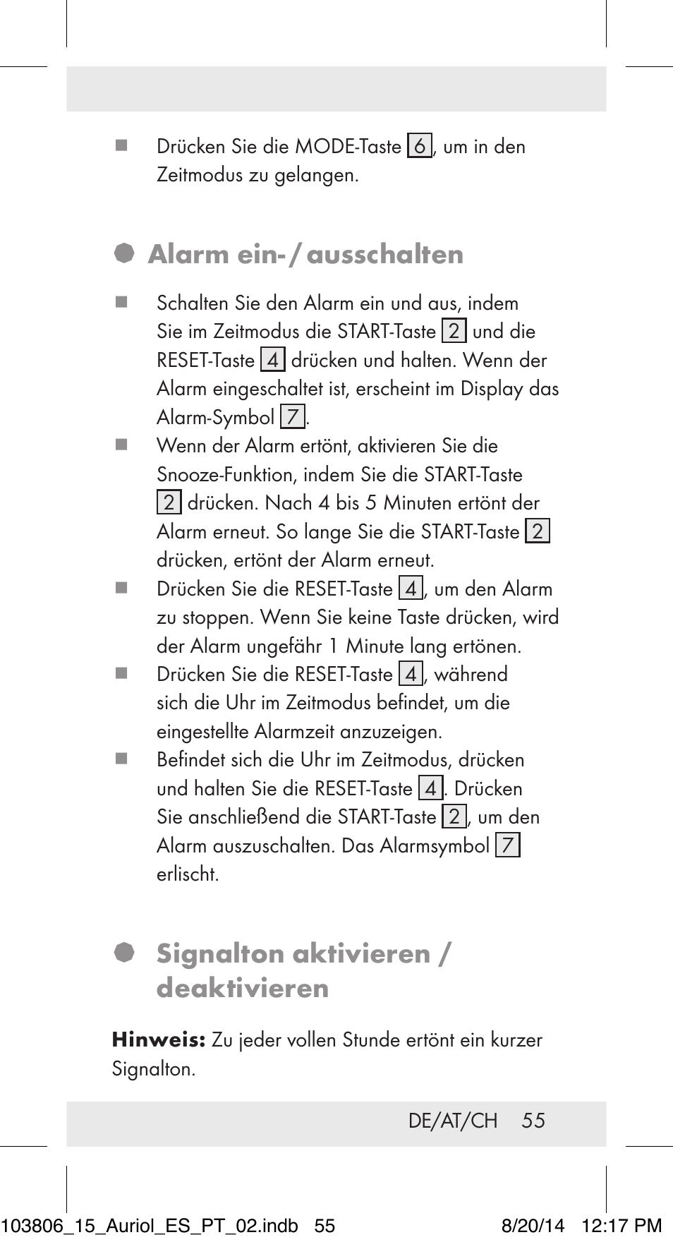 Alarm ein- / ausschalten, Signalton aktivieren / deaktivieren | Auriol 103806-14-xx User Manual | Page 56 / 60