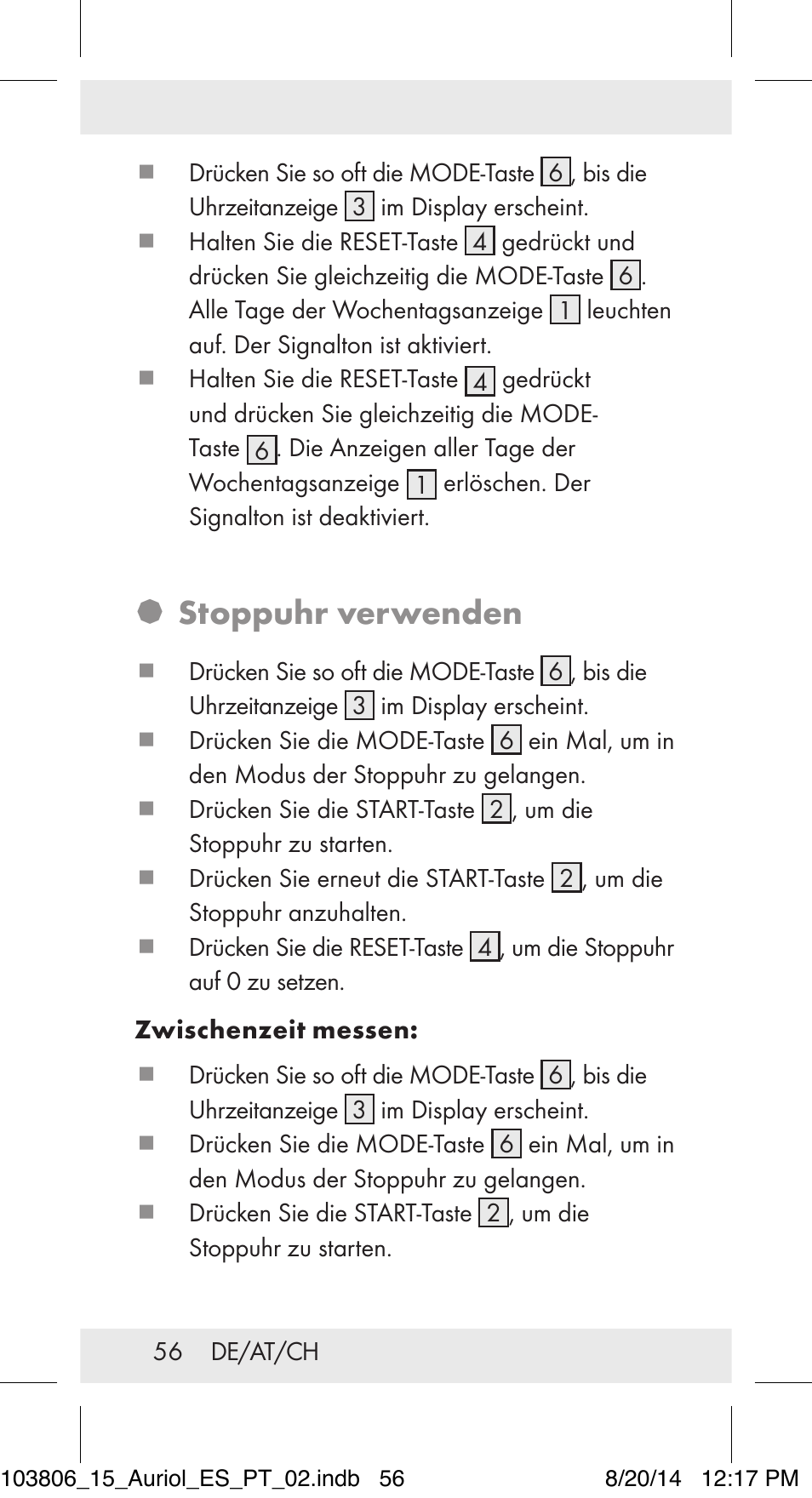 Stoppuhr verwenden | Auriol 103806-14-xx User Manual | Page 57 / 60