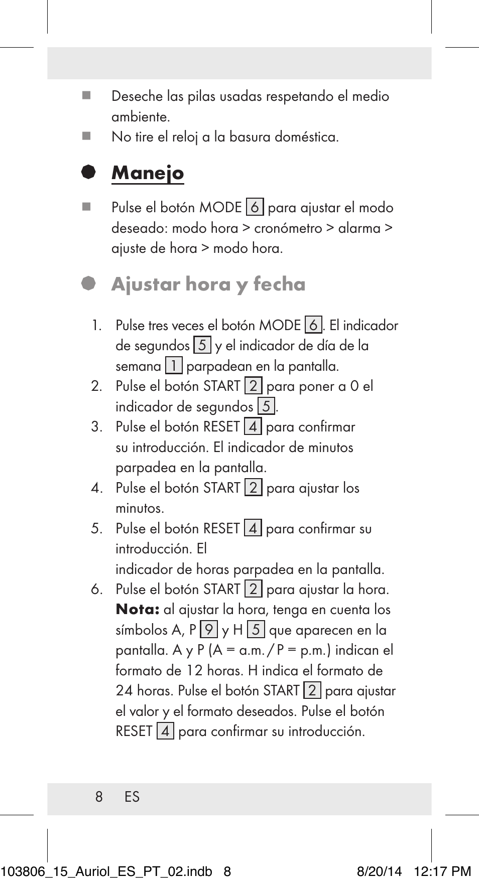 Manejo, Ajustar hora y fecha | Auriol 103806-14-xx User Manual | Page 9 / 60