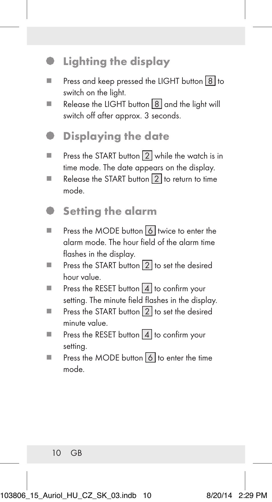 Lighting the display, Displaying the date, Setting the alarm | Auriol 103806-14-xx User Manual | Page 11 / 81