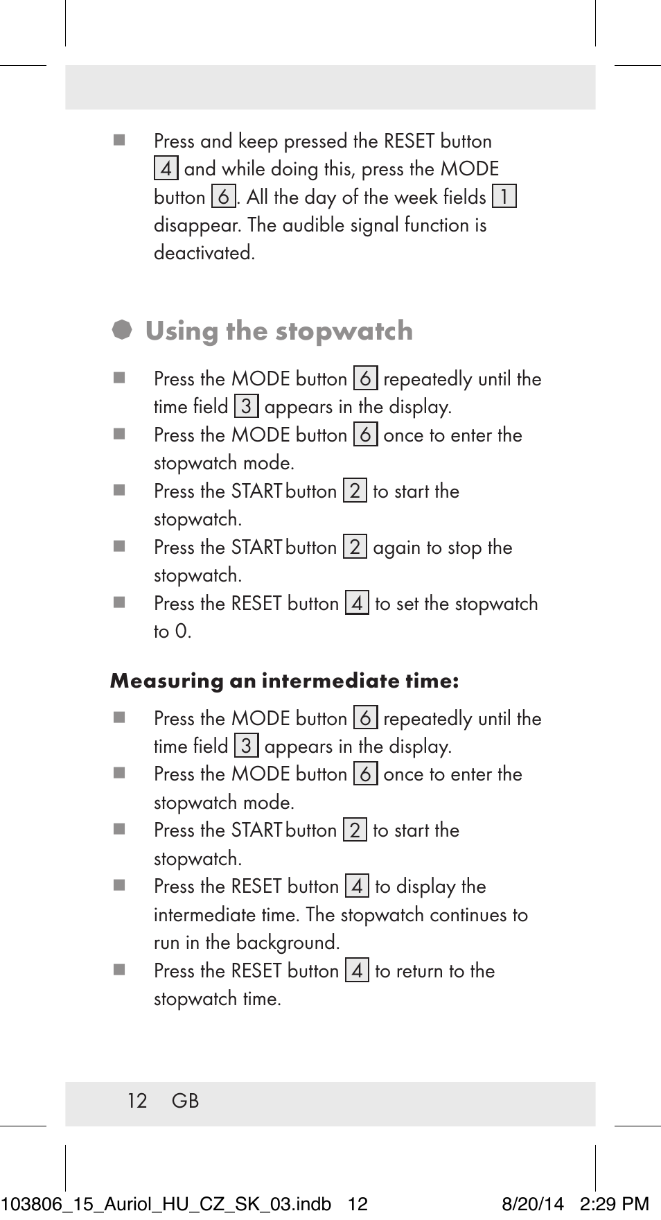 Using the stopwatch | Auriol 103806-14-xx User Manual | Page 13 / 81