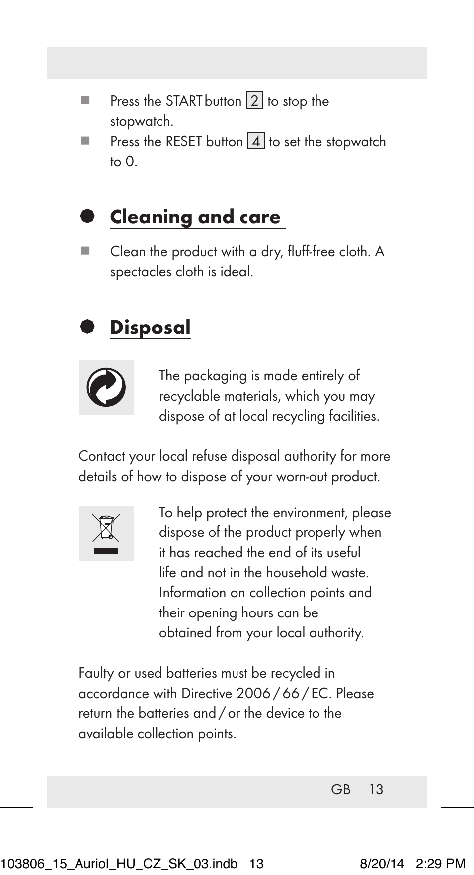 Cleaning and care, Disposal | Auriol 103806-14-xx User Manual | Page 14 / 81