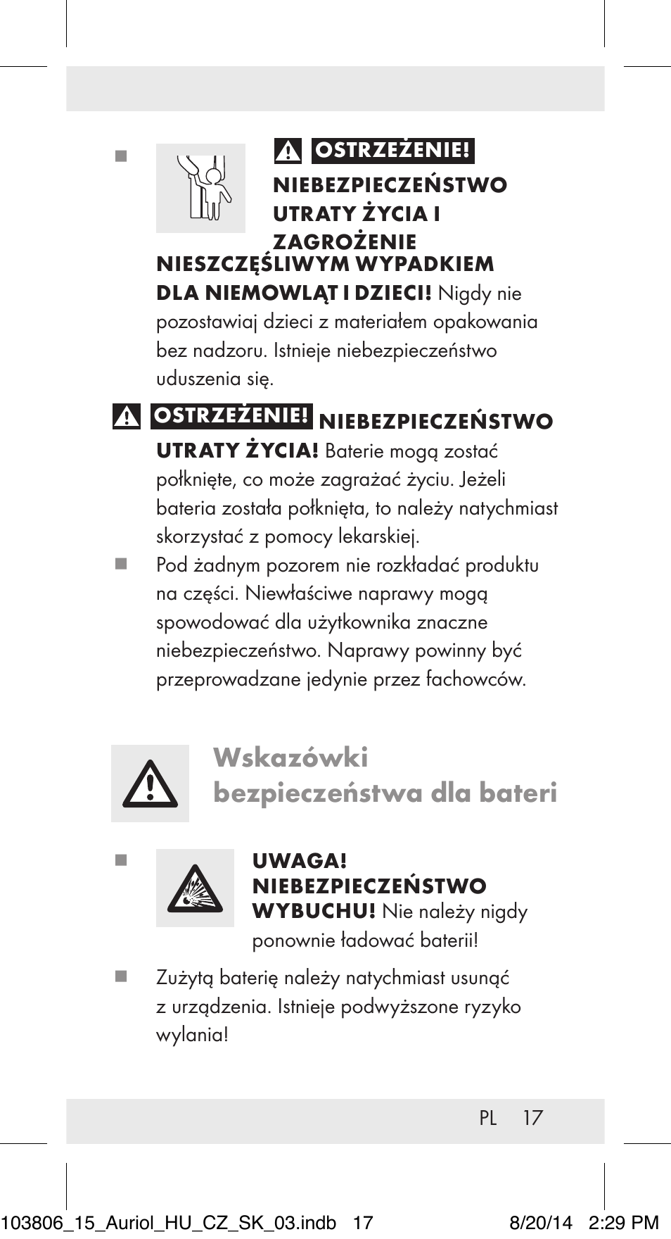 Wskazówki bezpieczeństwa dla bateri | Auriol 103806-14-xx User Manual | Page 18 / 81