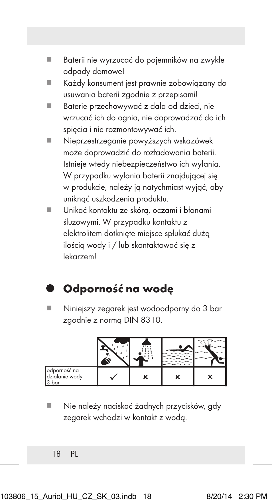 Odporność na wodę | Auriol 103806-14-xx User Manual | Page 19 / 81