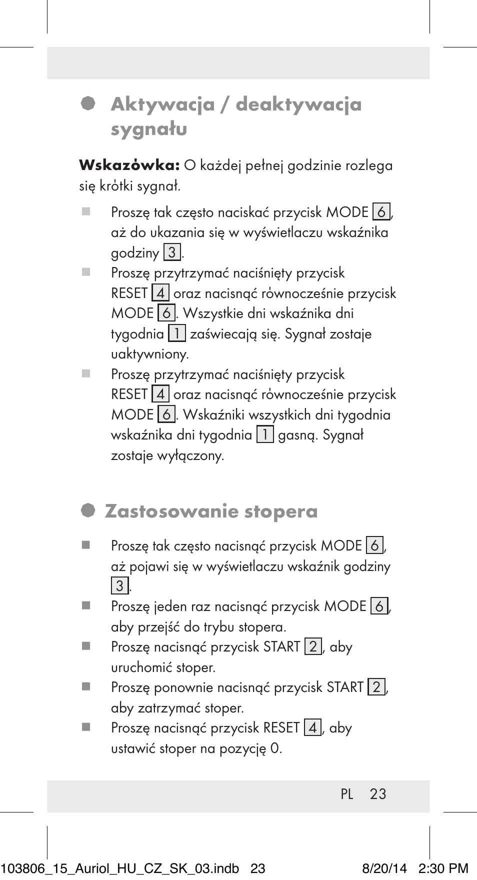 Aktywacja / deaktywacja sygnału, Zastosowanie stopera | Auriol 103806-14-xx User Manual | Page 24 / 81