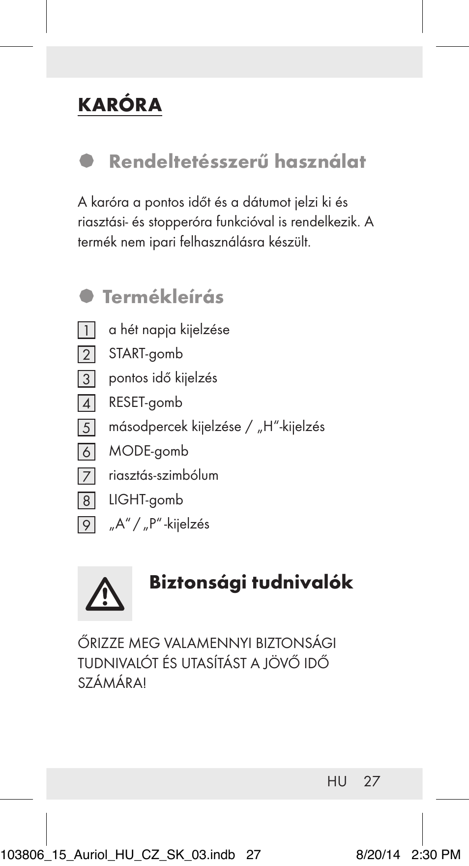 Karóra � rendeltetésszerű használat, Termékleírás, Biztonsági tudnivalók | Auriol 103806-14-xx User Manual | Page 28 / 81