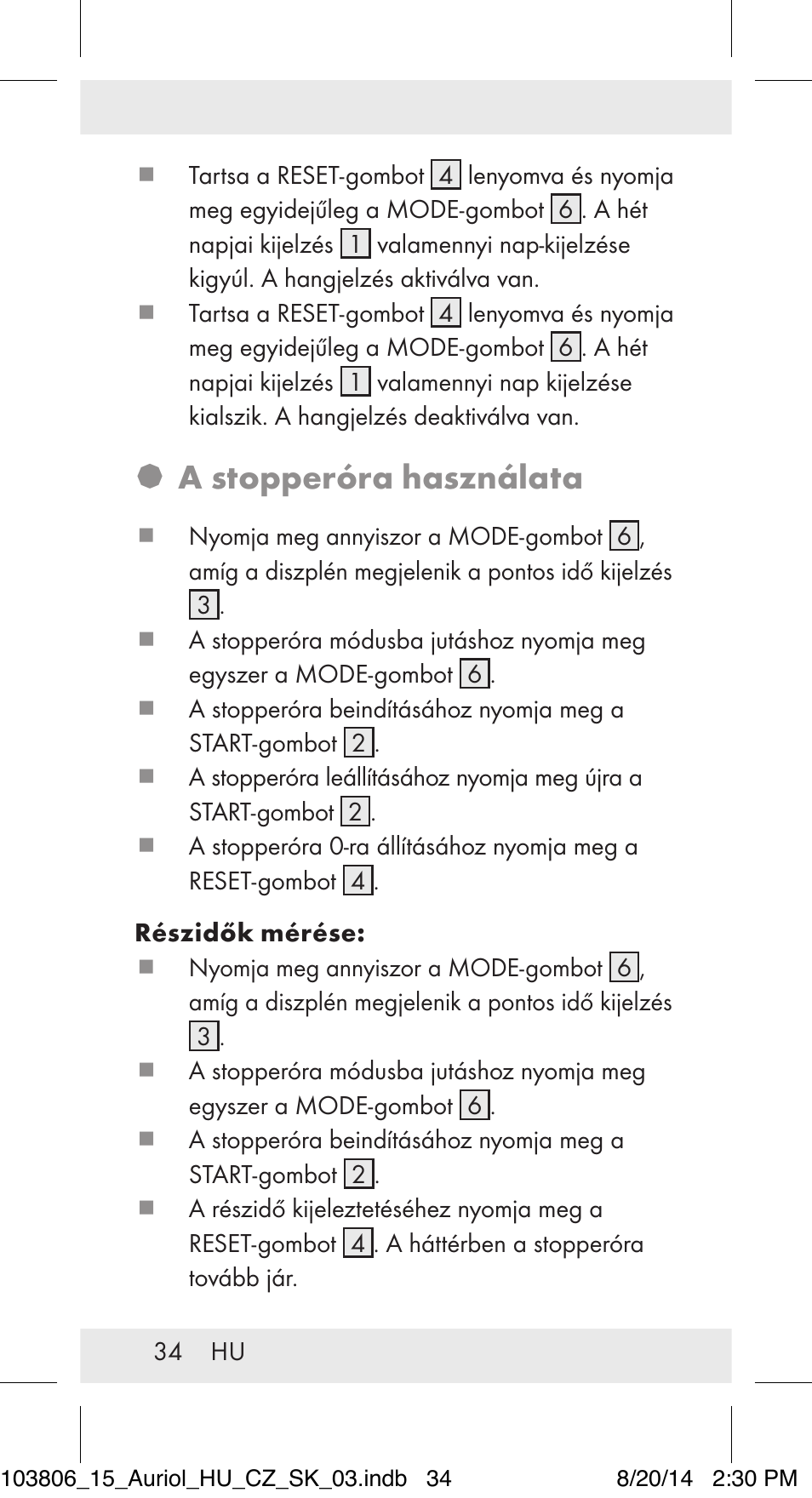 A stopperóra használata | Auriol 103806-14-xx User Manual | Page 35 / 81