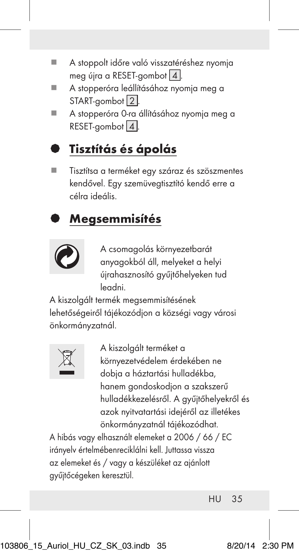 Tisztítás és ápolás, Megsemmisítés | Auriol 103806-14-xx User Manual | Page 36 / 81