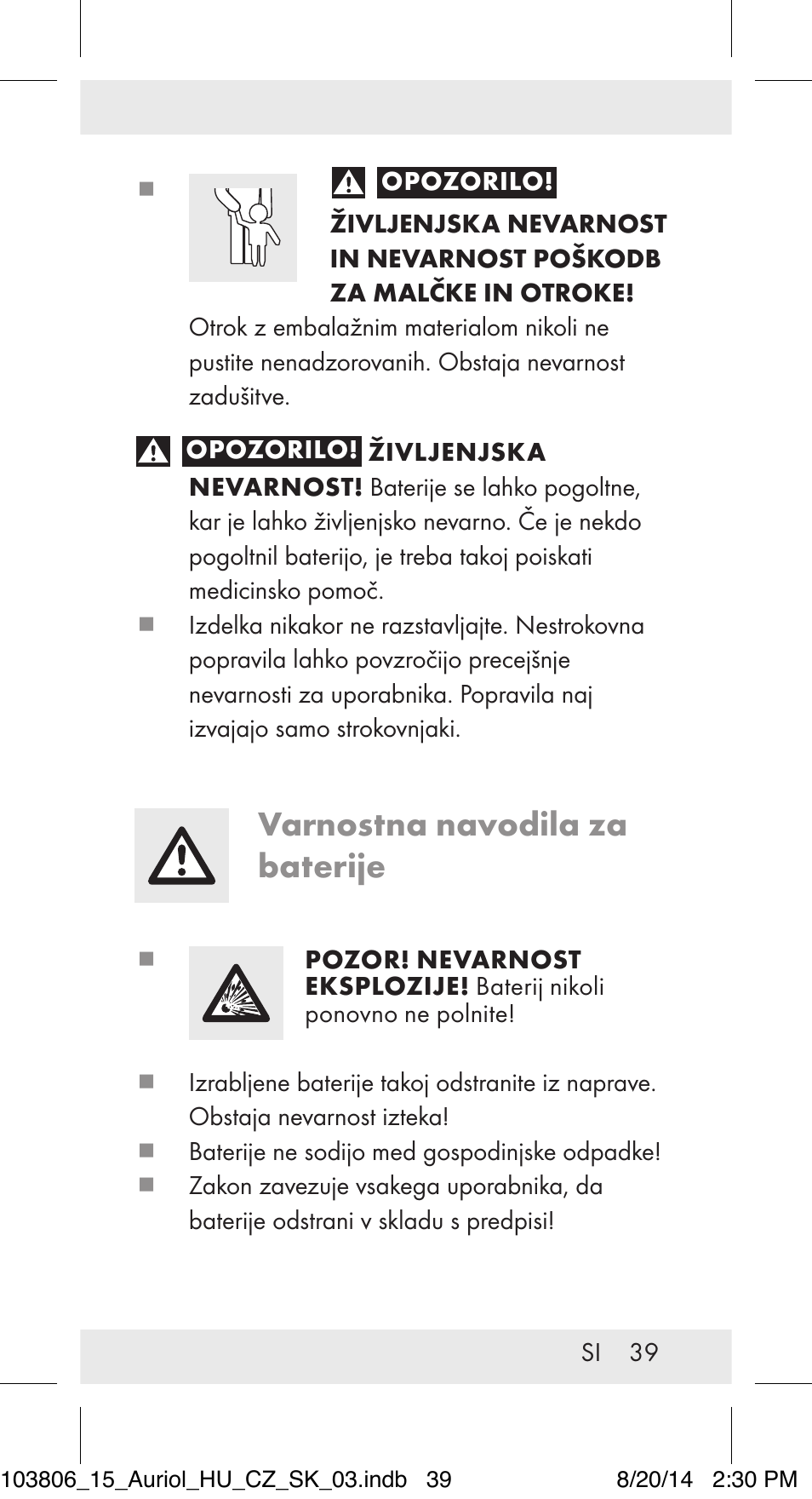 Varnostna navodila za baterije | Auriol 103806-14-xx User Manual | Page 40 / 81