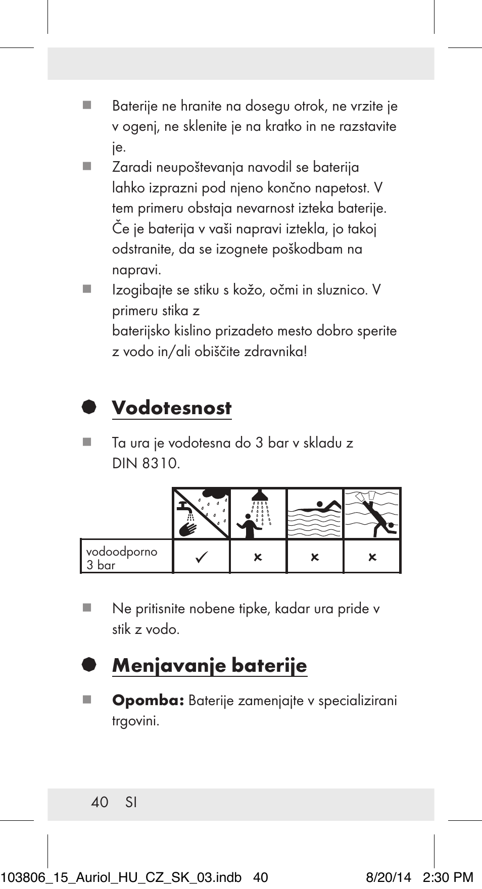 Vodotesnost, Menjavanje baterije | Auriol 103806-14-xx User Manual | Page 41 / 81