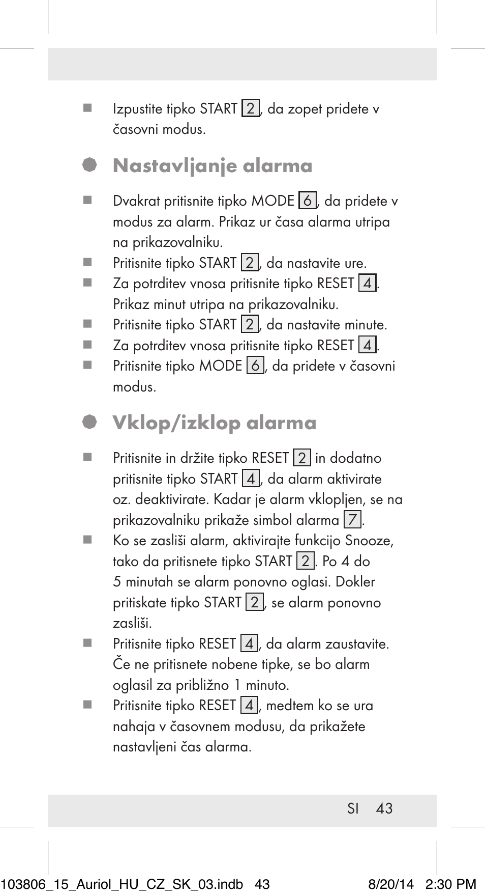 Nastavljanje alarma, Vklop/izklop alarma | Auriol 103806-14-xx User Manual | Page 44 / 81