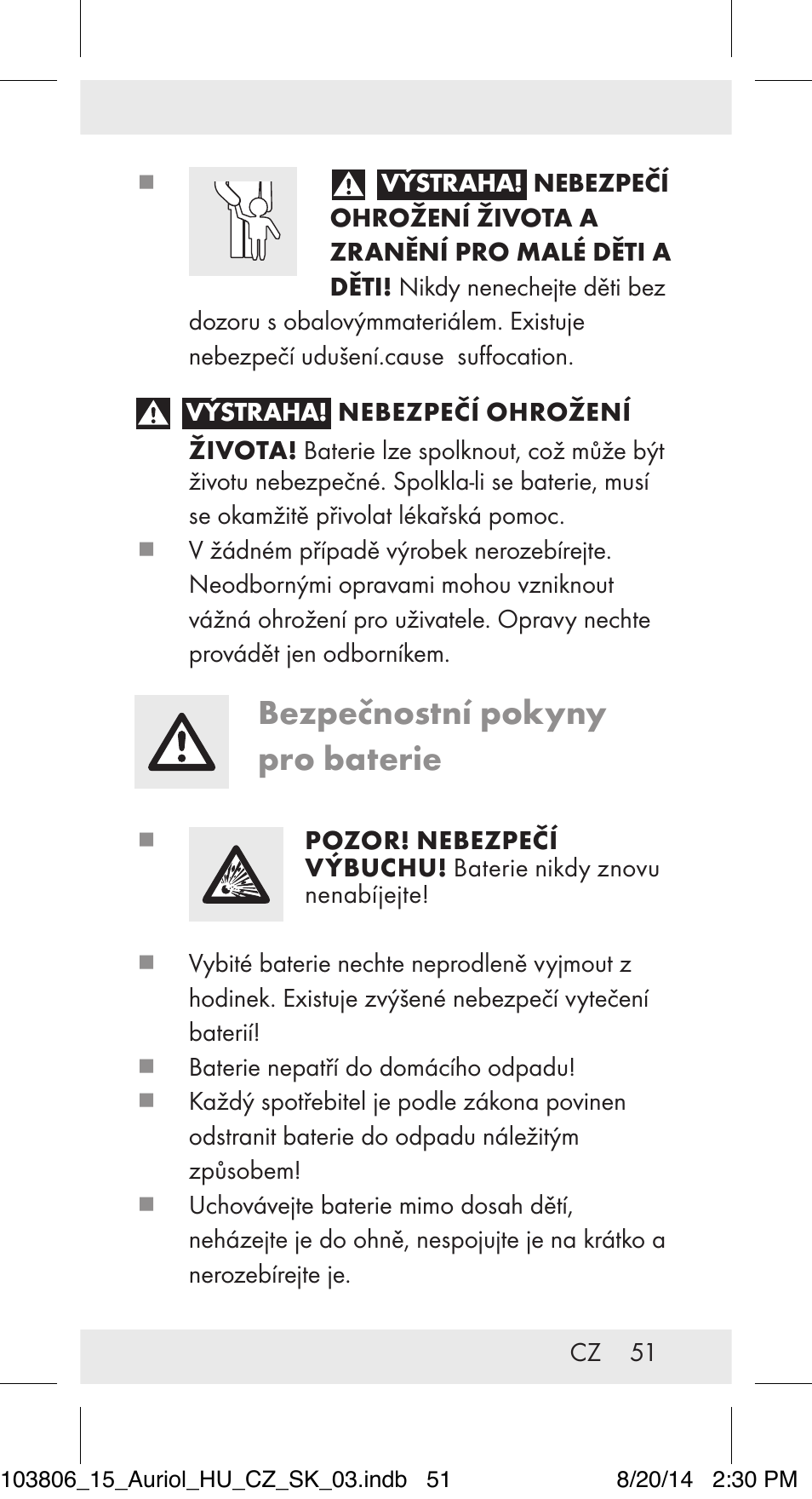 Bezpečnostní pokyny pro baterie | Auriol 103806-14-xx User Manual | Page 52 / 81